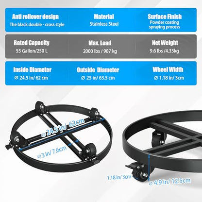 Heavy Duty 55 Gallon Drum Dolly – 2000LB Capacity, Anti Rollover Design with 4 Swivel Casters & 2 Brakes, Double Fork Style for Warehouse/Industrial Use (Black) - size: 24.5x 24.5x 4.5 inches