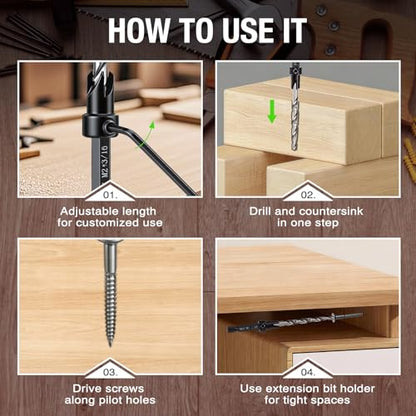 Countersink Drill Bit Set for Wood, 5 Pcs, Adjustable Depth Stop