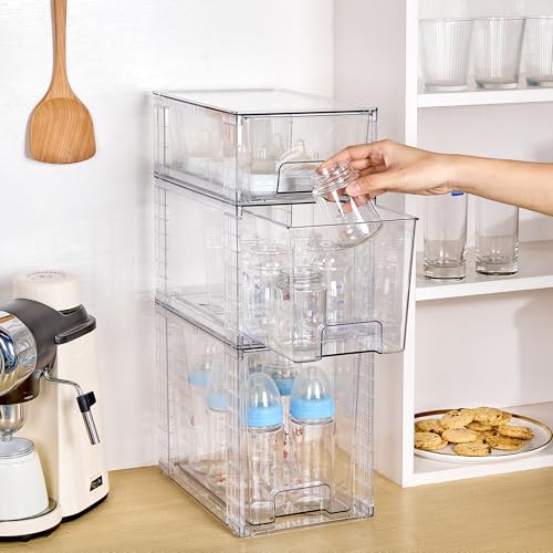 Vtopmart 3 Pack Clear Stackable Storage Drawers,Easy to Assemble Bathroom Organizers and Storage with handles,Plastic Drawers for Kitchen Pantry,Cabinet,Under Sink Organization - style: 1 Large+1 Medium+1 Small