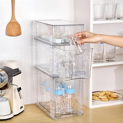 Vtopmart 3 Pack Clear Stackable Storage Drawers,Easy to Assemble Bathroom Organizers and Storage with handles,Plastic Drawers for Kitchen Pantry,Cabinet,Under Sink Organization - style: 1 Large+1 Medium+1 Small