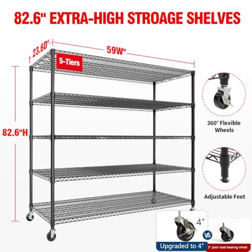 Garvee 5-Tier Storage Shelves Metal Shelving Units with Wheels for Garage - size: 59"D x 23.6"W x 82"H