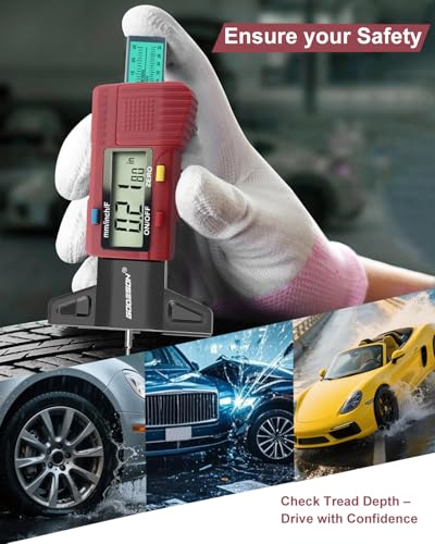 GODESON Red Digital Tire Tread Depth Gauge - 3 Modes (Fractional/Decimal Inch/Millimeter), Zeroable & Accurate, LCD Display,Tire Tread Measure Tool for Cars, Motorcycles, SUV, Trucks & Vans