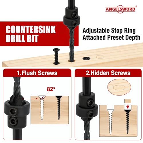 ANGELSWORD Countersink Drill Bit Set for Wood, 5pc Tapered Drill Bits