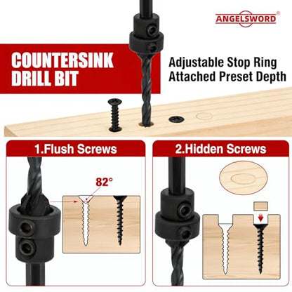 ANGELSWORD Countersink Drill Bit Set for Wood, 5pc Tapered Drill Bits