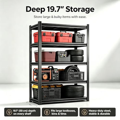 5 Tier Garage Shelving, Metal Heavy Duty Storage Rack, Adjustable Steel Storage Rack for Garage, Warehouse, Workshop, Black (63" H x 45.3" W x 19.7" D) - size: 5-Tier (63"Hx45.3"Wx19.7"D)