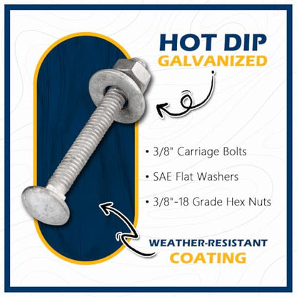 3/8" x 2-1/2" Hot Dip Galvanized Grade 307A Carriage Bolt Kit, 50 Pack, Comes with 3/8" USS Flat Washers & 3/8"-16 Hex Nuts, Heavy Duty Exterior Construction Use - size: 3/8"x2-1/2"