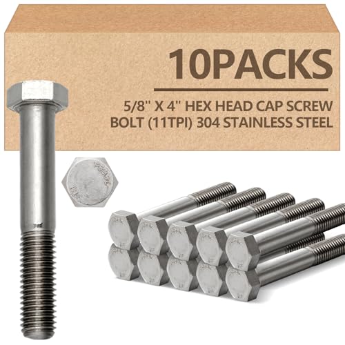 10 Pack 5/8-11 x 4'' Hex Head Cap Screw Bolt Stainless Steel 304 - size: 5/8-11 x 4''