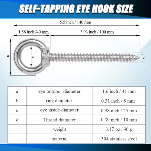 OHIYO 5.5 Inch Heavy Duty Eye Hooks M10 Self Tapping Eyelet Screw Load Capacity 1000LBS Heavy Duty Screw in Eye Hooks for Hammock Stand, Swing Chair, Yoga, Heavy Indoor & Outdoor Uses (4Pack- M10) - color: Silver, size: 5.5 inch