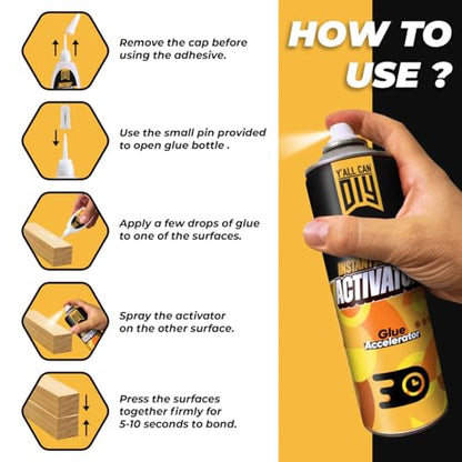 CA Glue with Activator (2 x 1.76 oz. + 2 x 6.76 fl oz.) - Industrial-Grade Cyanoacrylate Adhesive and Super Glue Accelerator for Woodworking, Crafts, DIY, and Repairs, Instant Glue Bond - size: 2 Pack