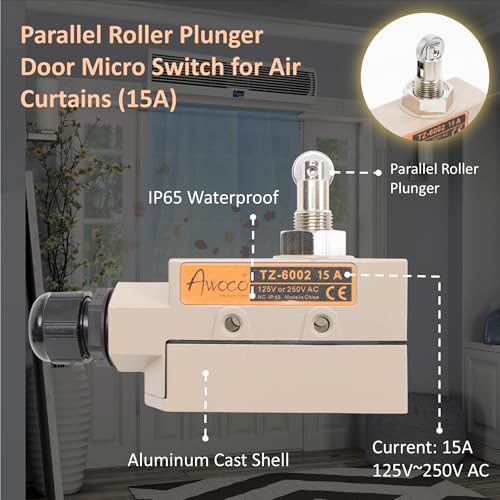 Awoco Heavy Duty Commercial Door Micro Switch with Parallel Roller Plunger for Sliding Doors/Windows for Air Curtains, 250V 15A IP 65 Limit Switch Type NO and Type NC (TZ-6002-15A) - style: TZ-6002-15A