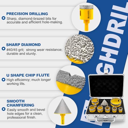 HIGHDRIL 11Pcs Diamond Hole Saw Kit for Tile Porcelain Ceramic Granite - size: Shank Set5