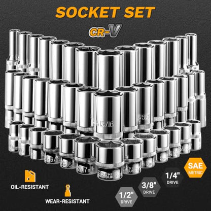 DEKOPRO Mechanic Tool Set & Socket Wrench Set, 226 Pcs Car Tool Kit with Storage Tool Box, 1/4" 3/8" 1/2" Drive, SAE/Metric, w/Ratchet Wrench, Ext. Bars, Hex Keys, for Auto/Moto Repair
