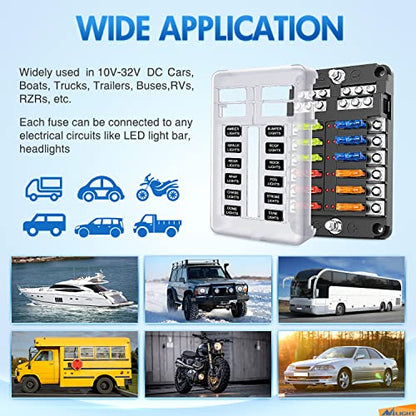 Nilight - 50056L 12 Way Blade Fuse Block 12 Circuits with Negative Bus Fuse Box Holder with LED Indicator ATO/ATC Fuse Panel Waterproof Cover for 12V Automotive Cars, Marine Boats, RVs, Trailers - color: 12Way Fuse Block