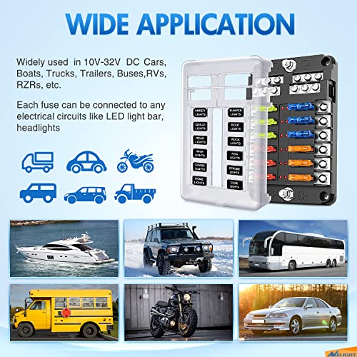 Nilight - 50056L 12 Way Blade Fuse Block 12 Circuits with Negative Bus Fuse Box Holder with LED Indicator ATO/ATC Fuse Panel Waterproof Cover for 12V Automotive Cars, Marine Boats, RVs, Trailers - color: 12Way Fuse Block