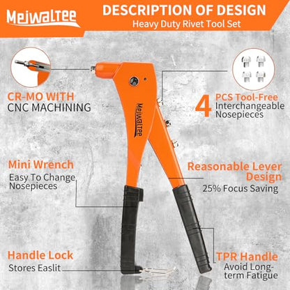 Rivet Gun with 200PCS Rivets and 4 Drill Bits, Professional Aluminum Alloy Riveter, Heavy Duty Pop Manual Riveting Tool with 4 Interchangeable Heads for Metal, Wood and Plastic - size: Aluminum Alloy Riveter With 200PCS Rivets