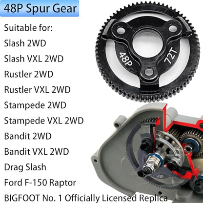 48P 72T Hardened Steel Spur Gear for Traxxas 1/10 Slash Stampede Rustler - size: 48P-Spur Gear-72T