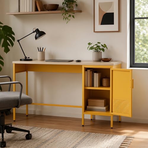 Wood Top Side Cabinet with 2-Tier Metal Storage Cabinet & Locker, Study Desk with Legs, Easy Assembly, Holds Books, Laptops & Everyday Essentials for Home, Office Yellow - color: Mustard, style: Cabinet-30"H-BY