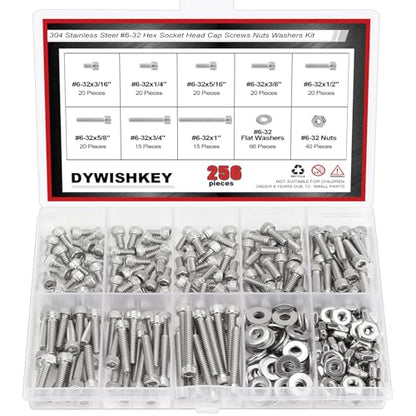 DYWISHKEY 256 Pieces #6-32 x 3/16", 1/4", 5/16", 3/8", 1/2", 5/8", 3/4", 1" Hex Socket Head Cap Screws Nuts Washers Assortment Kit, 6-32 Screw Kit, 304 Stainless Steel - size: #6-32, style: Socket Head