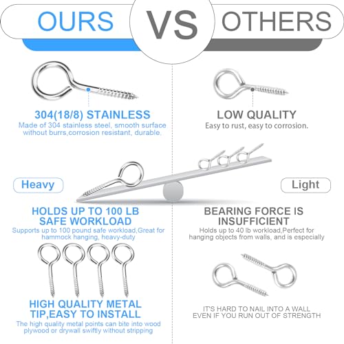 Aovchei 9pcs 304 Stainless Steel 2.5 Inches Eye Screws, Screw Hooks - color: 304, size: 2.5 Inch 9pcs