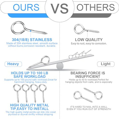 Aovchei 9pcs 304 Stainless Steel 2.5 Inches Eye Screws, Screw Hooks - color: 304, size: 2.5 Inch 9pcs