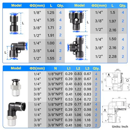 TAILONZ PNEUMATIC 1/4"3/8"1/2"1/8" Blue Straight and Elbow Push to Connect Fittings Air Hose Fittings,Suitable for Nylon/PU Tube Air Tube and Other Connection Kits 68PCS - color: Blue, size: 1/4"3/8"1/2"1/8"OD/68PCS