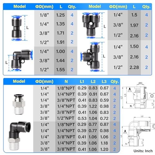 TAILONZ PNEUMATIC 1/4"3/8"1/2"1/8" Blue Straight and Elbow Push to Connect Fittings Air Hose Fittings,Suitable for Nylon/PU Tube Air Tube and Other Connection Kits 68PCS - color: Blue, size: 1/4"3/8"1/2"1/8"OD/68PCS