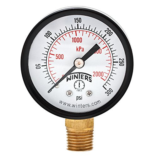 Winters 2 inch Dial Size, Multi Function Economy Utility Dry Pressure Gauge, Brass Internals, Black Steel Case, Dual Scale 0-300 psi/kPa, 3-2-3% Accuracy, 1/4 inch NPT Bottom Mount, Pressure Gauge - style: 0/300 PSI/KPA