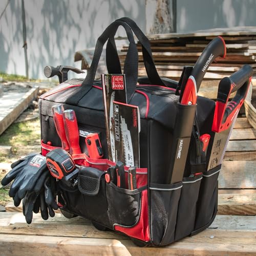 HAUTMEC 18" Rolling Tool Bag with Wheels, Heavy-Duty Water-Resistant Tool Bag Organizer with 23-Pocket, Wide-Mouth Design, Oversized Wheels & Telescoping Handle - HT0059 - color: 18-Inch | Black