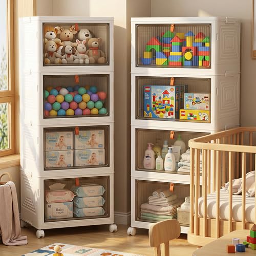 LDQ 136Qt Large Storage Bins with Lids, 4 Tier Stackable Storage Cabinet with Wheels & Clear Doors, Foldable Plastic Closet Organizer for Bedroom, Bathroom & Kitchen - size: 4 layers