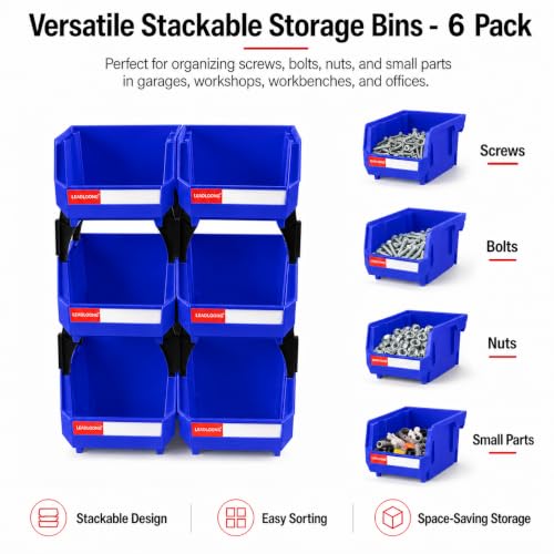 6 Pack Stackable Plastic Parts Bins, 5x4x3 in, Blue - color: Blue-6 Pack, size: 5"x4"x3"