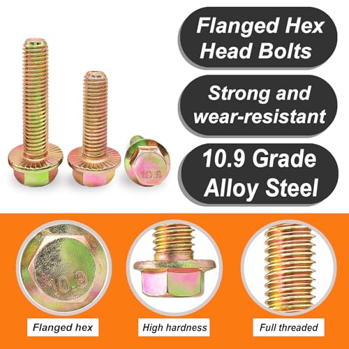 M8 x 16mm 25pcs Heavy Duty Flanged Hex Head Bolts, Flange Hexagon Head Screws, 10.9 Grade Alloy Steel, Yellow Zinc Plated, Metric Fully Thread - size: M8 x 16mm(25pcs)