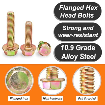M8 x 25mm 25pcs Heavy Duty Flanged Hex Head Bolts, Flange Hexagon Head Screws, 10.9 Grade Alloy Steel, Yellow Zinc Plated, Metric Fully Thread - size: M8 x 25mm(25pcs)