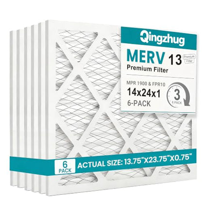 14x24x1 MERV 13 (6-Pack) Pleated Air Filter (Actual Size: 13.75" x 23.75" x 0.75") MPR 1900 & FPR 10, Furnace Air Filters - size: 14x24x1 6-Pack