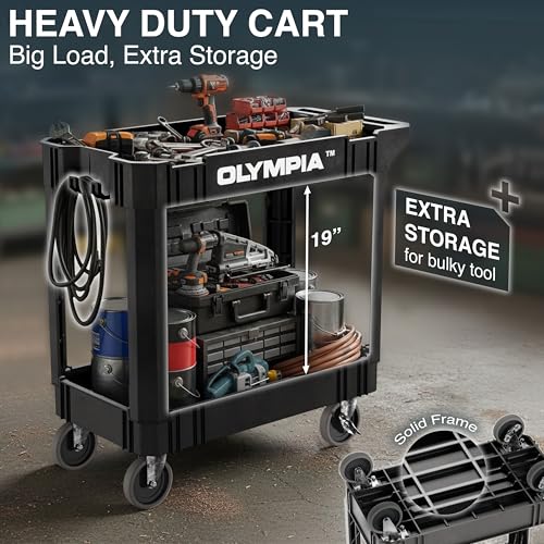 Olympia Tools HDPE Rolling Garage Utility Cart, 2 Shelves, 500 Lb, Black - size: 500 Lb