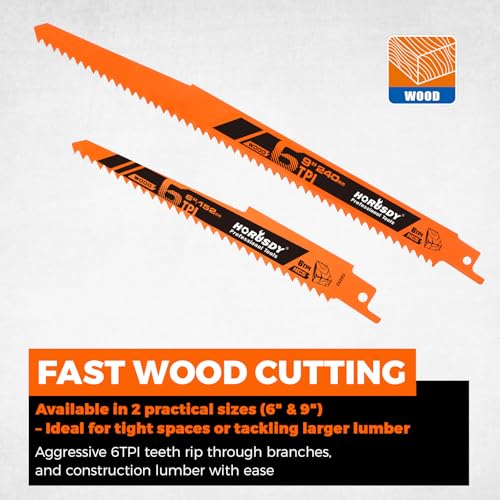 HORUSDY 10-Piece Reciprocating Saw Blades Set with Storage Case, 6" 8" & 9" Wood & Metal Cutting Blades, Bi-Metal and High Carbon Steel Saw Blades for Fast, Clean, and Durable Cutting - style: 10-Pc 6", 8", 9" Bi-Metal Mix