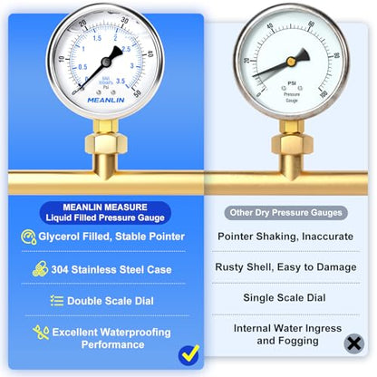 MEANLIN MEASURE 0~50Psi Stainless Steel 1/4" NPT 2.5" FACE DIAL Liquid Filled Pressure Gauge WOG Water Oil Air Lower Mount, with 1/2" NPT and 3/8" NPT Hex Bushing - size: 0-50Psi