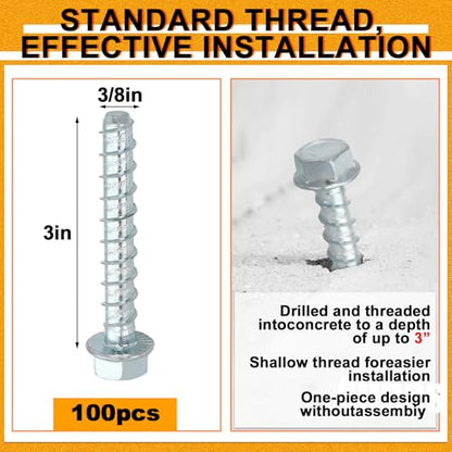 Hicarer 100 Pack 3/8" x 3" Concrete Screws Galvanized for Anchoring - size: 3/8" X 3"