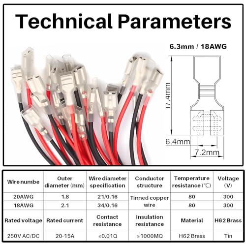 30PCS 6.3mm Female Spade Crimp Terminals with Insulating Sleeves - size: 6.3 mm terminals & 20cm long wires
