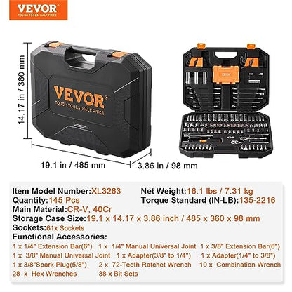 VEVOR Mechanics Tool Set and Socket Set, 1/4" and 3/8" Drive Deep and Standard Sockets, 145 Pcs SAE and Metric Mechanic Tool Kit with Bits, Combination Wrench, Hex Wrenches, Accessories, Storage Case - size: 145-PCS