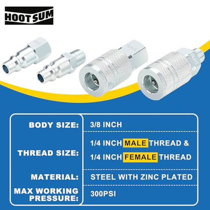 3/8 Inch Body Air Hose Quick Connect Fittings, 3/8" NPT Threads and 1/4" NPT Threads Couplers and Plugs, I/M Industrial Type 24PCS Air Compressor Accessories Kit