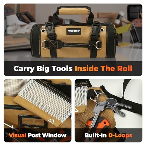Roll Up Tool Bag, PVC Coated Tool Organizer with 4 Pockets & 2 Pouches - color: Khaki-RollUp