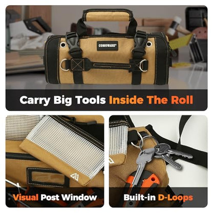 Roll Up Tool Bag, PVC Coated Tool Organizer with 4 Pockets & 2 Pouches - color: Khaki-RollUp