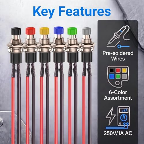 36pcs 7mm Colorful Prewired Mini Momentary Push Button,3V-6V-12V-24V-230V/1ASPST Nomal Open ON/Off 2 Pin Round Button for Model Railway Hobby（Mix Color）