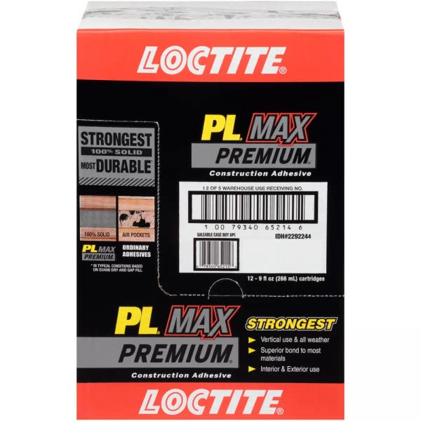 Loctite PL Premium Max Construction Adhesive, 9 fl oz Cartridge, 12 Pack - Versatile Construction Glue for Wood, Concrete, Stone & More - size: 12 Pack