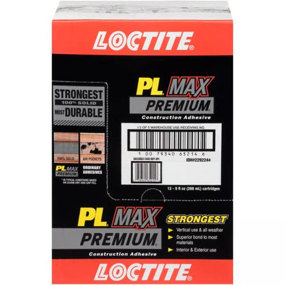 Loctite PL Premium Max Construction Adhesive, 9 fl oz Cartridge, 12 Pack - Versatile Construction Glue for Wood, Concrete, Stone & More - size: 12 Pack
