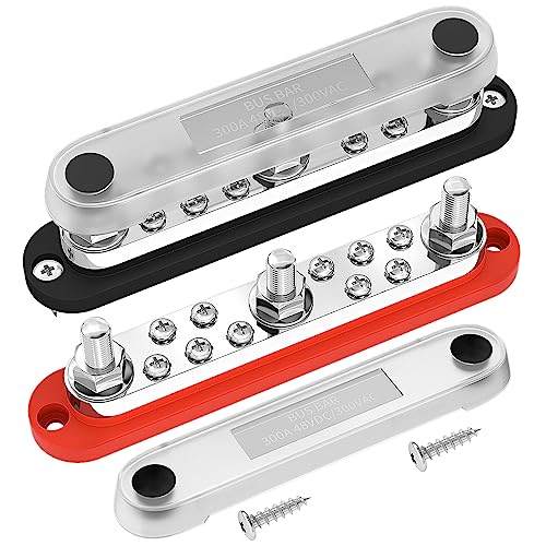 DaierTek 300A Copper Bus Bar 12V, Power Distribution Block with Cover 3 x 3/8” M10 Studs & 10 x M5 Terminal Screws for Car Marine Solar Battery Negative & Positive - color: BB300-T3M10S10-C-RB