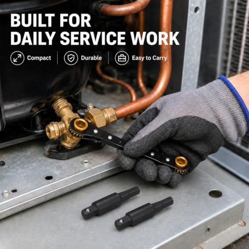 HVAC Service Wrench,3/16"-3/8" 5/16" x 1/4"Valve Wrench with Hex Adapters - style: 2 Wrench + 2 Hexagon Bit(Black)