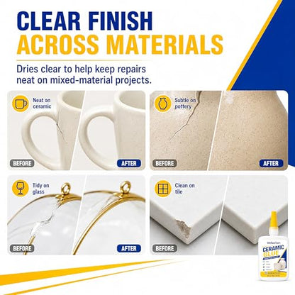 Multi Surface Ceramic Glue 30g 1 Pack, Clear Adhesive for Porcelain, Pottery, Glass, Tile, Stone, Wood and Hard Plastic Repair