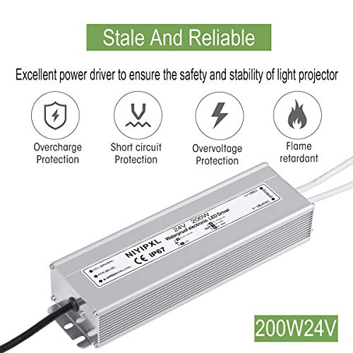 LED Driver 200 Watts 24V DC Low Voltage Transformer， Waterproof IP67 LED Power Supply, Adapter with 3-Prong Plug 3.3 Feet Cable for Any 24V DC led Lights, Computer Project, Outdoor Light - size: 200W-24V
