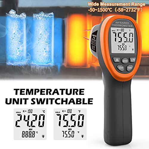 BTMETER BT-1500 Pyrometer 30:1 Industrial Laser Thermometer Gun, -58℉ to 2732℉ Non Contact High Temp Infrared Thermometer Digital IR Temperature Gauge Orange(NOT for Human Temp Test) - color: Orange